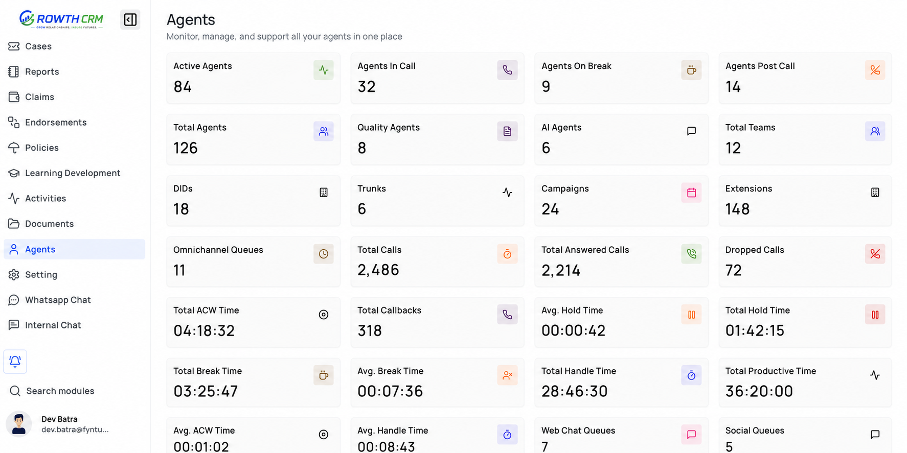 GrowthCRM agent monitoring dashboard