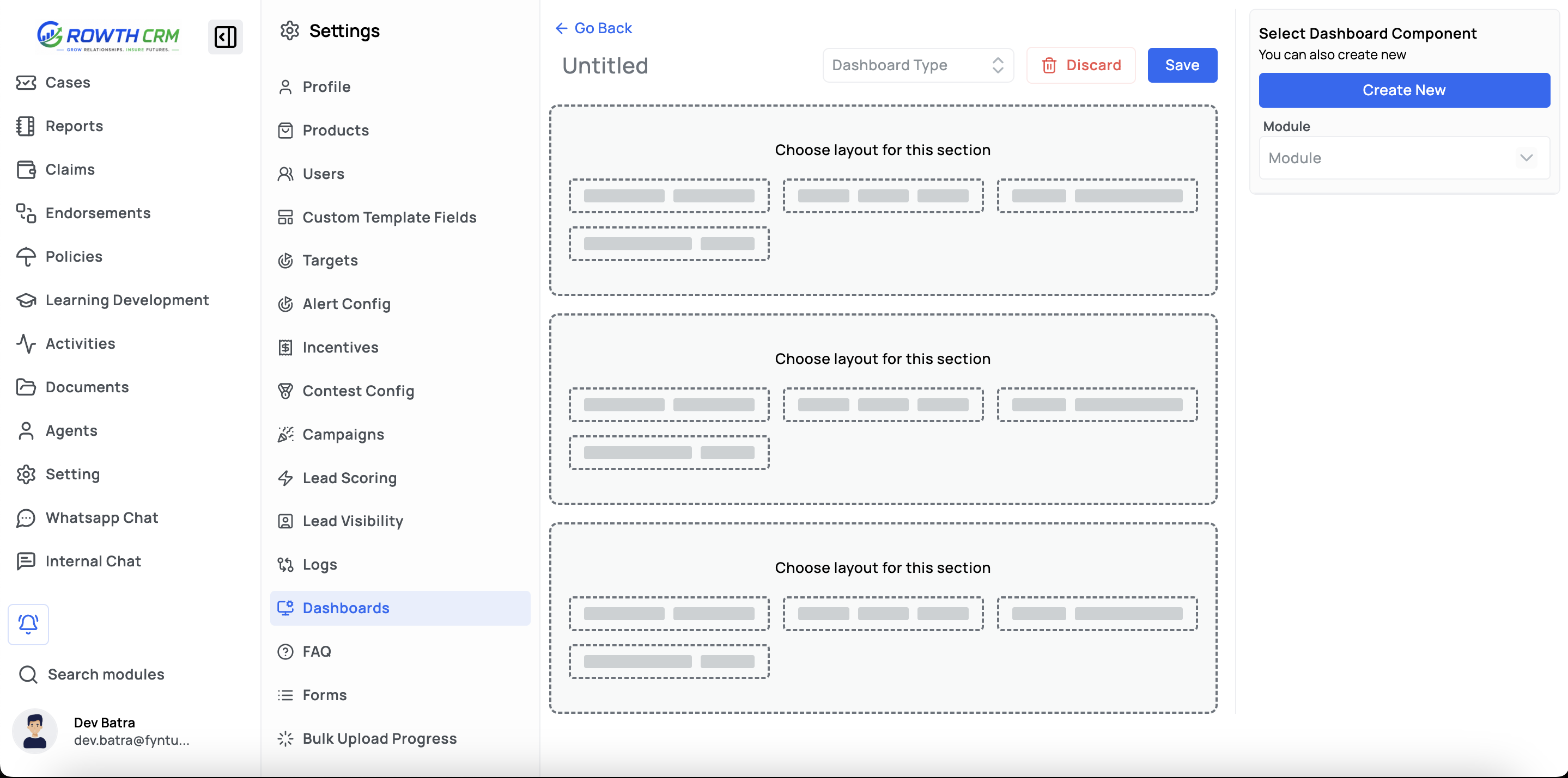GrowthCRM dashboard builder settings