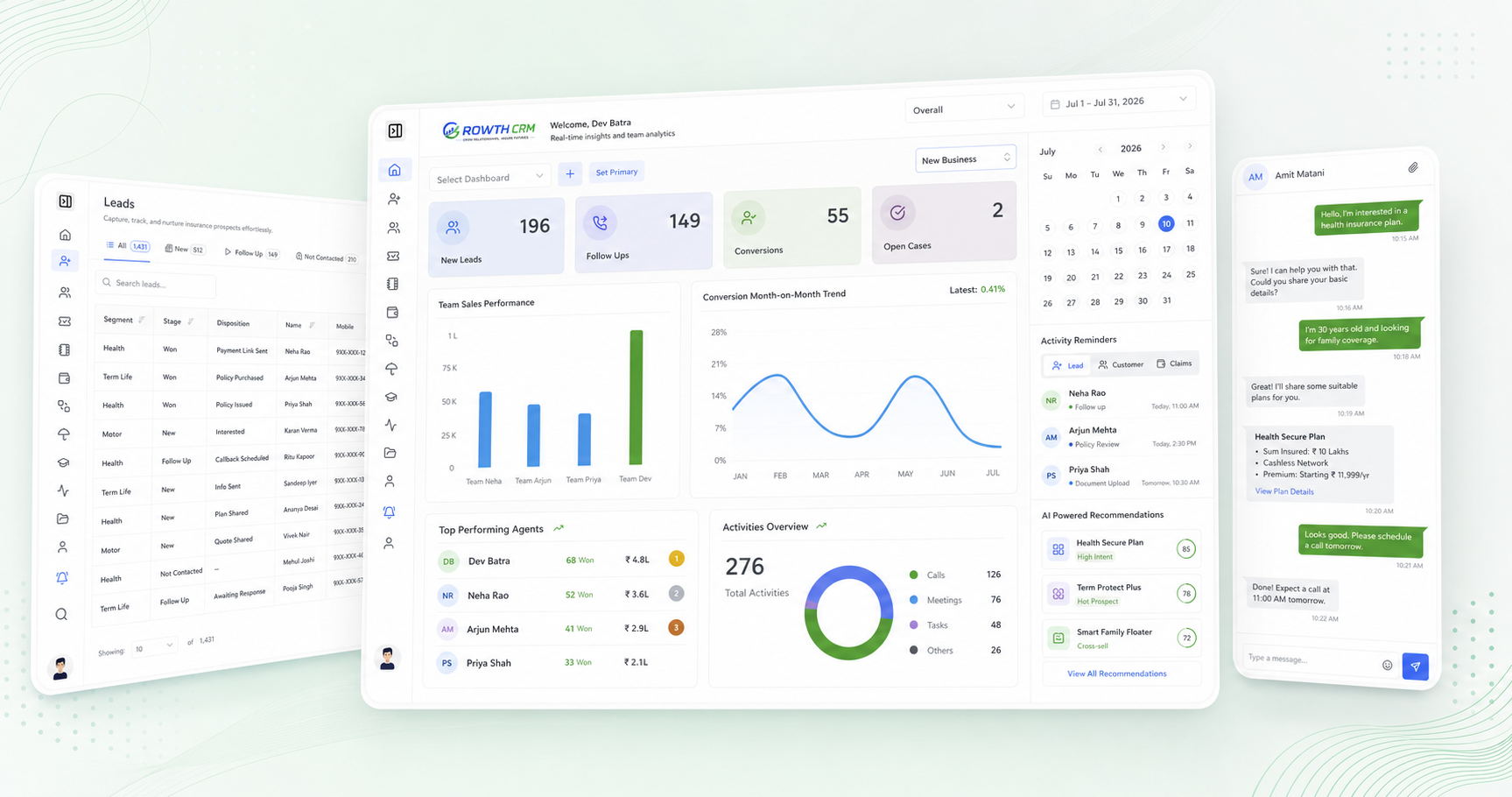 GrowthCRM dashboard, leads, and chat product preview