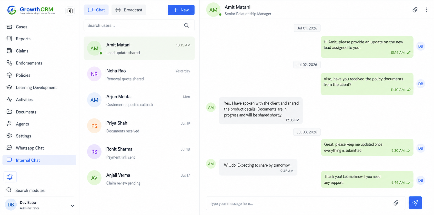 GrowthCRM internal chat with agent conversations and message thread