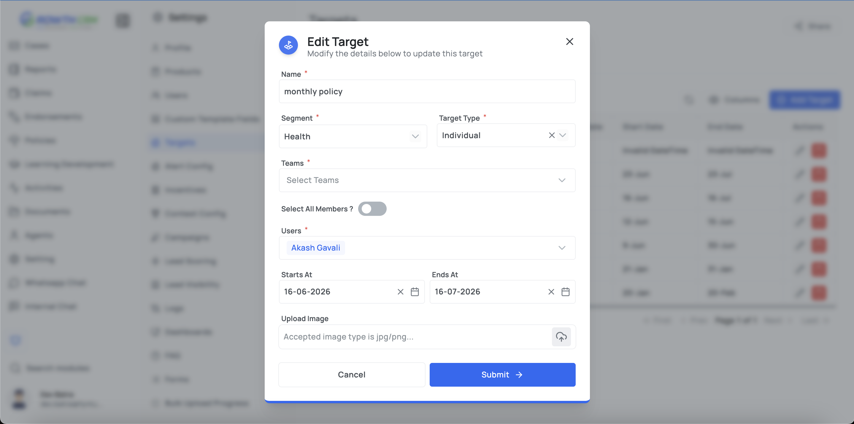 GrowthCRM target configuration modal